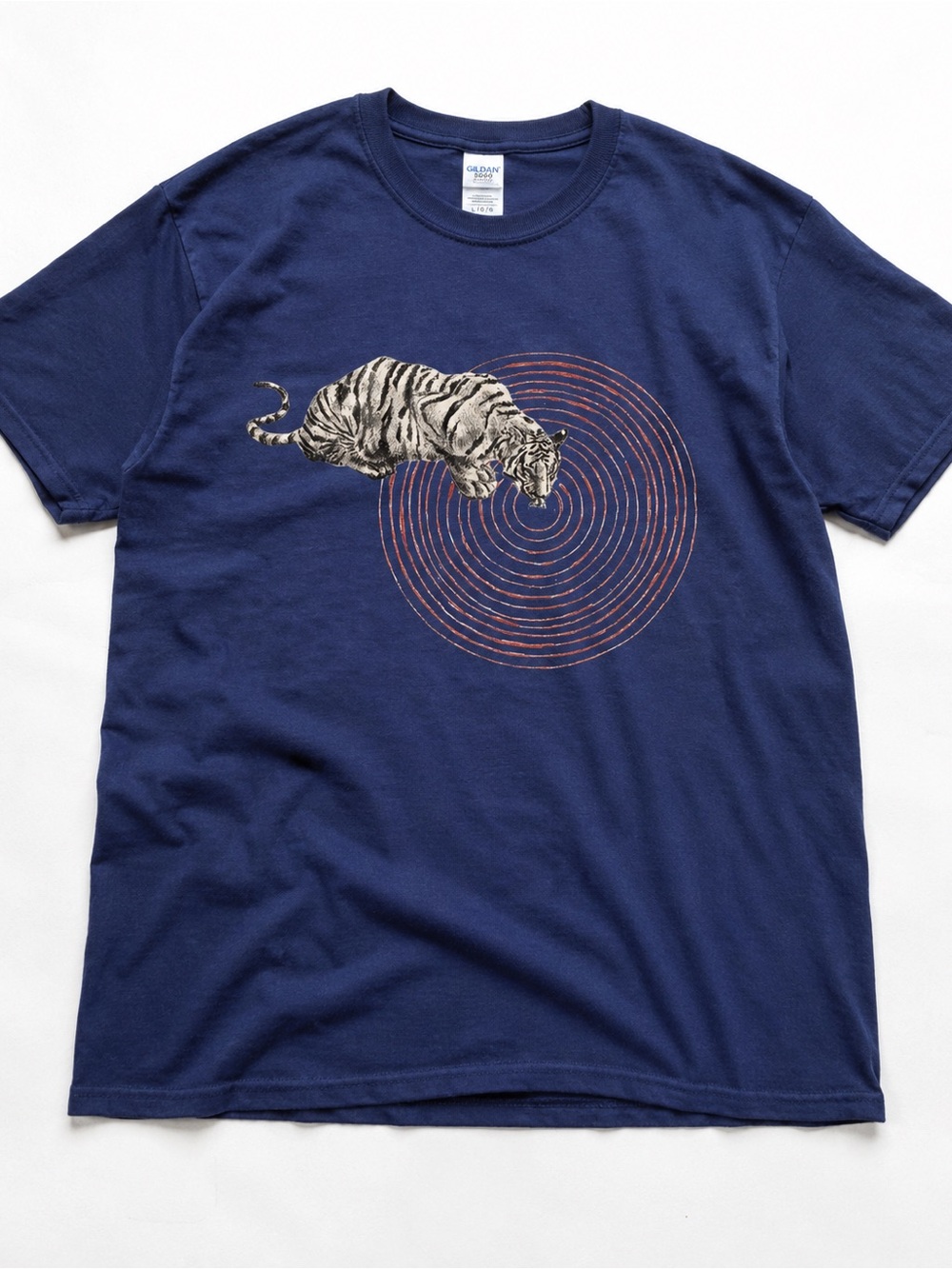 Gildan Navy Blue Tee with White Tiger and Orange Circular Graphic